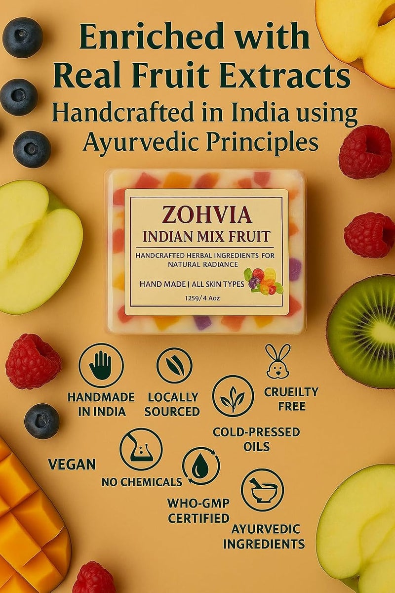ZOHVIA Fruit Soap Bar 44oz Handmade Herbal Cleanser with Papaya Orange Mango Extracts Moisturizing Glycerine Hydrating for Dry Skin Natural Ayurvedic Vegan Face and Body Soap for Glow - Image 2