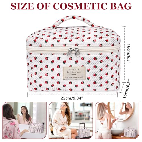 Gosect Large Makeup Bag Cute Cosmetic Bag for Women Girls Floral Coquette Aesthetic Toiletry Bag Travel Make Up Organizer Bag Strawberry - Image 3