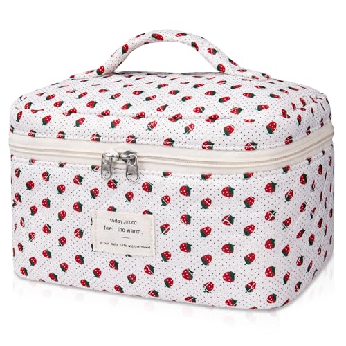 Gosect Large Makeup Bag Cute Cosmetic Bag for Women Girls Floral Coquette Aesthetic Toiletry Bag Travel Make Up Organizer Bag Strawberry - Image 1
