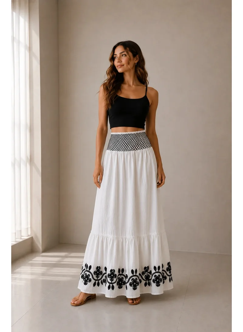 2Trendy Women's Embroidered Maxi Skirt with Decorative Hem - White