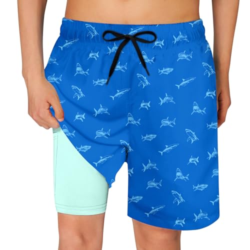 Cozople Big Boys Quick Dry UPF50+ Beach Swim Trunks with Stretchy Boxer Brief Liner Swimming Shorts Novelty Blue Shark Graphic Lightweight Swimwear Bathing Suit Size 10-12 - Image 1