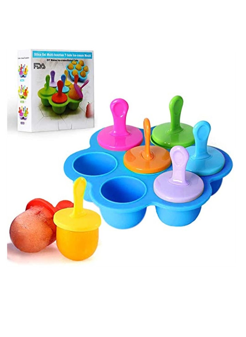 SYOSI - Mini Silicone Popsicle Mold, 7-cavity DIY Ice Pop Mold with Colorful Plastic Sticks, Popsicle Makers for Egg Bites and Ice Cream Mould, Baby Food Storage Container, Non-Stick Ice Cube Trays Blue - Image 1