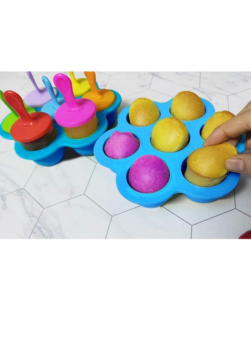 SYOSI - Mini Silicone Popsicle Mold, 7-cavity DIY Ice Pop Mold with Colorful Plastic Sticks, Popsicle Makers for Egg Bites and Ice Cream Mould, Baby Food Storage Container, Non-Stick Ice Cube Trays Blue - Image 1