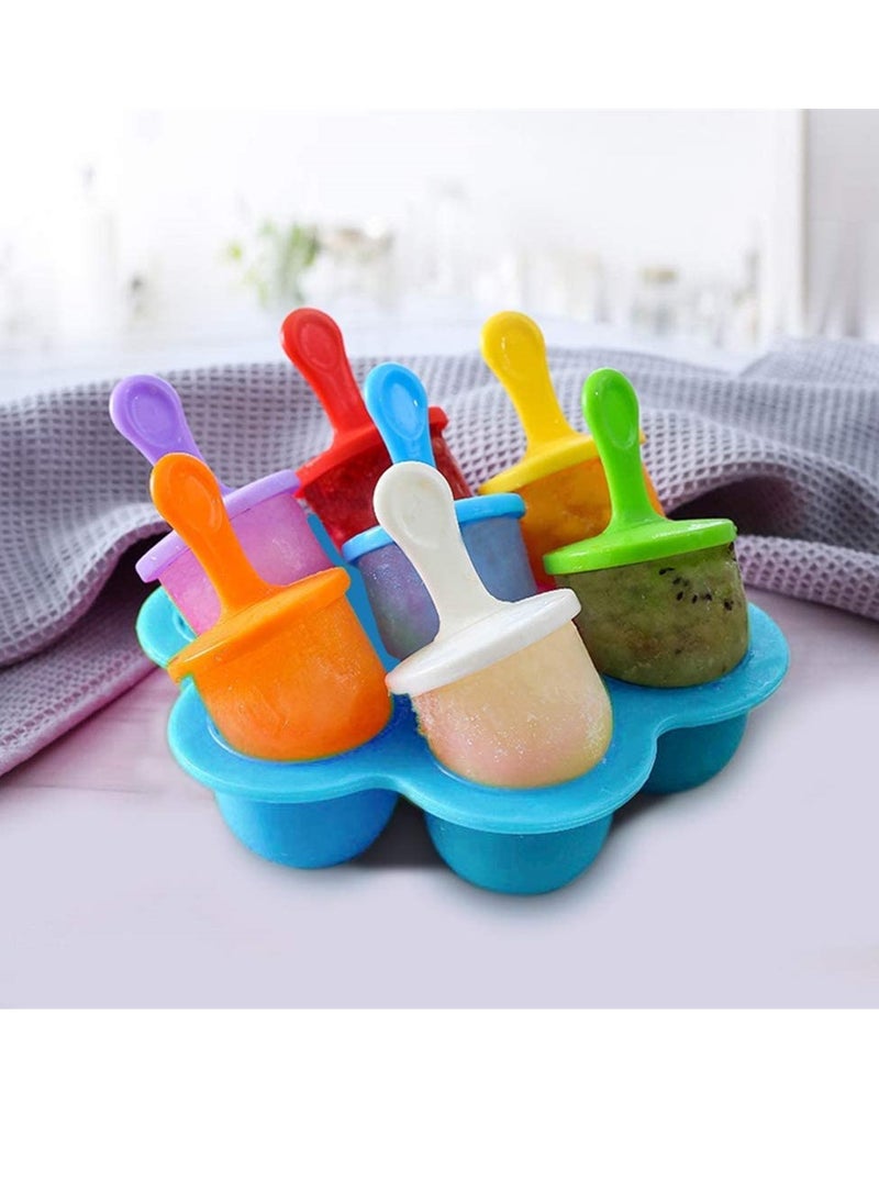 SYOSI - Mini Silicone Popsicle Mold, 7-cavity DIY Ice Pop Mold with Colorful Plastic Sticks, Popsicle Makers for Egg Bites and Ice Cream Mould, Baby Food Storage Container, Non-Stick Ice Cube Trays Blue - Image 1