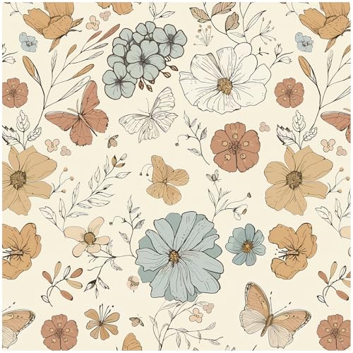 Theper Beige Floral Wallpaper Peel and Stick Wallpaper Boho 173197 Colourful Flower Butterfly Self Adhesive Removable Wall Paper for Bedroom Floral Contact Paper for Cabinets Home Vinyl Decor - Image 1