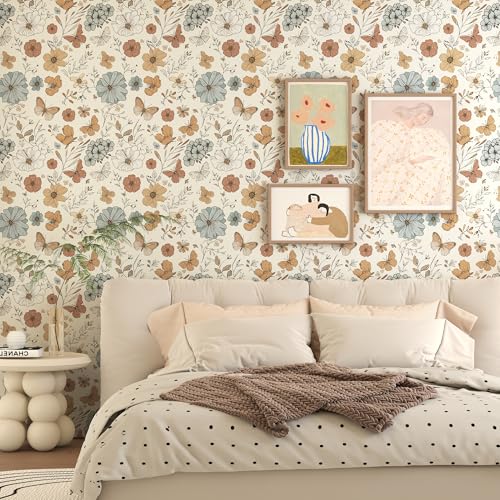 Theper Beige Floral Wallpaper Peel and Stick Wallpaper Boho 173197 Colourful Flower Butterfly Self Adhesive Removable Wall Paper for Bedroom Floral Contact Paper for Cabinets Home Vinyl Decor - Image 3