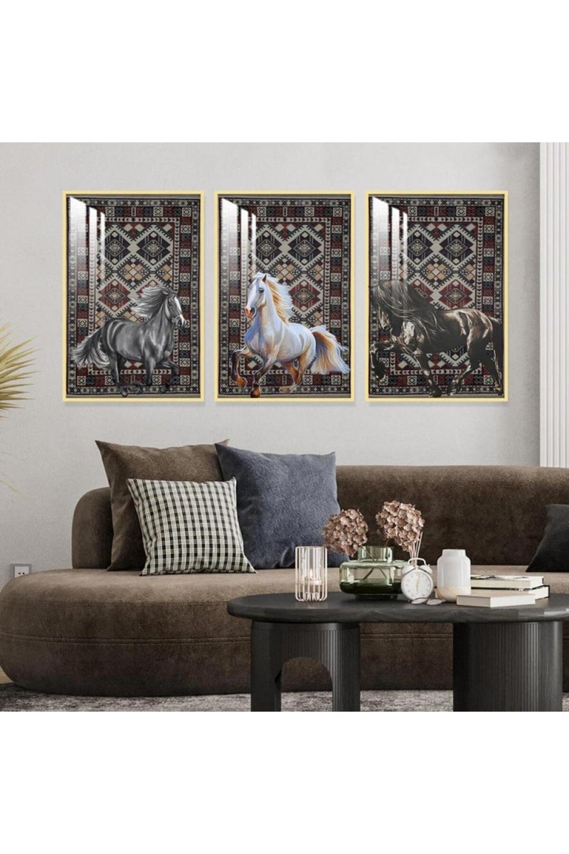 Marktna Three wooden wall painting with a horse design, with a frame and a clear acrylic layer. - Image 1