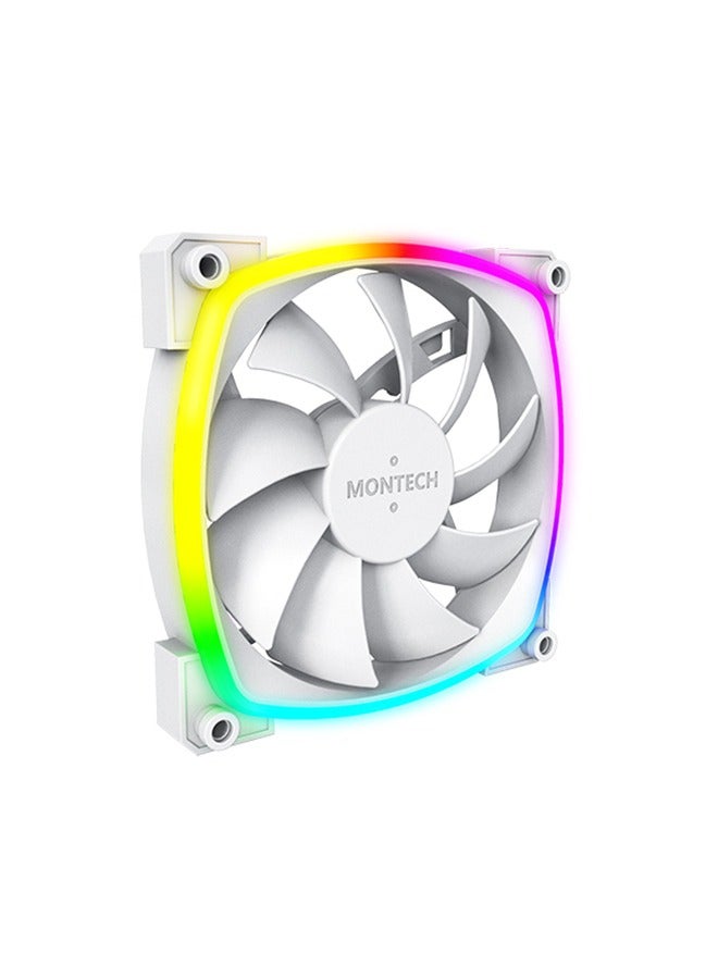مونتك مروحة AX120 PWM ARGB مقاس 120 مم، 800-1600 دورة في الدقيقة، 59 قدم مكعب في الدقيقة، ضغط ثابت 1.8 مم من الماء، ضوضاء 27 ديسيبل، PWM رباعي الدبابيس + ARGB ثلاثي الدبابيس 5 فولت، إضاءة حلقية سداسية 20 مصباح LED، كابل مروحة 500 مم، كابل ARGB 540 مم، لتبريد علبة الكمبيوتر والرادياتير، أبيض  - Image 1