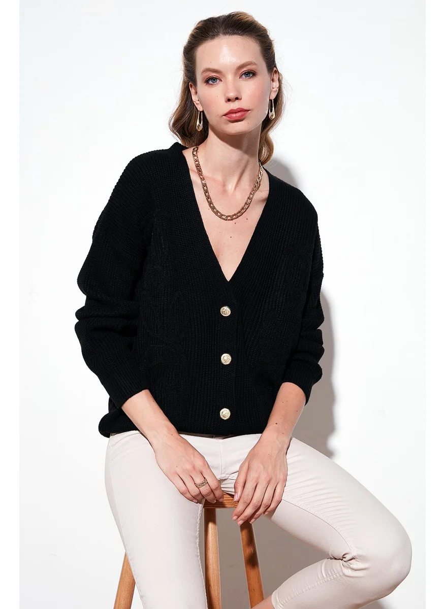 Lela Standard Fit Patterned V Neck Knitted Cardigan Women's Cardigan 4616194