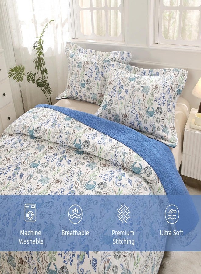SUCSES Navy Blue Quilt 3Pcs Queen Size Coastal Bedding Set Soft Cotton Oversized Bedspread for Kids Adults Beach Theme Bedroom Decor - Image 2