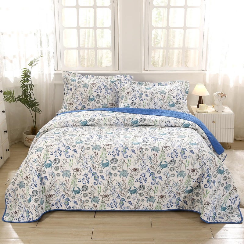 SUCSES Navy Blue Quilt 3Pcs Queen Size Coastal Bedding Set Soft Cotton Oversized Bedspread for Kids Adults Beach Theme Bedroom Decor - Image 1
