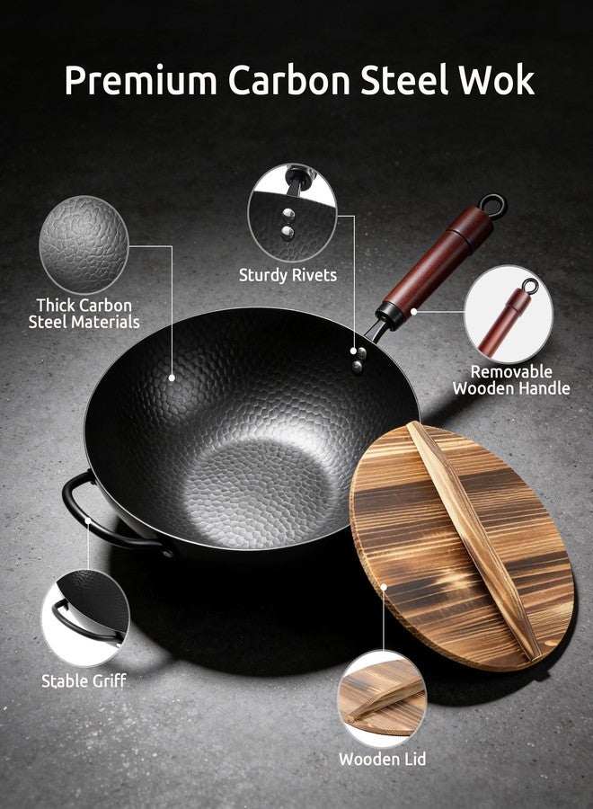 FGJ Wok Pan, Carbon Steel Wok, Woks & Stir-Fry Pans Nonstick, 13 Inch Wok Pan with Wooden Lid, Pre-Seasoned Carbon Steel Cookware, 5.8QT Flat Bottom Chinese Wok Paella Pan, Compatible with All Cooktops - Image 5