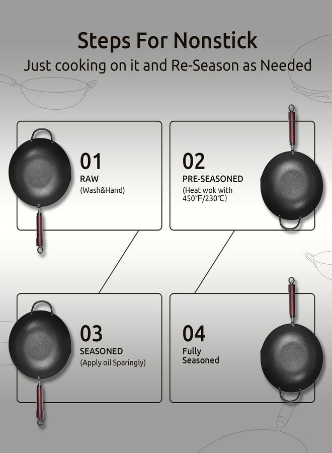 FGJ Wok Pan, Carbon Steel Wok, Woks & Stir-Fry Pans Nonstick, 13 Inch Wok Pan with Wooden Lid, Pre-Seasoned Carbon Steel Cookware, 5.8QT Flat Bottom Chinese Wok Paella Pan, Compatible with All Cooktops - Image 3