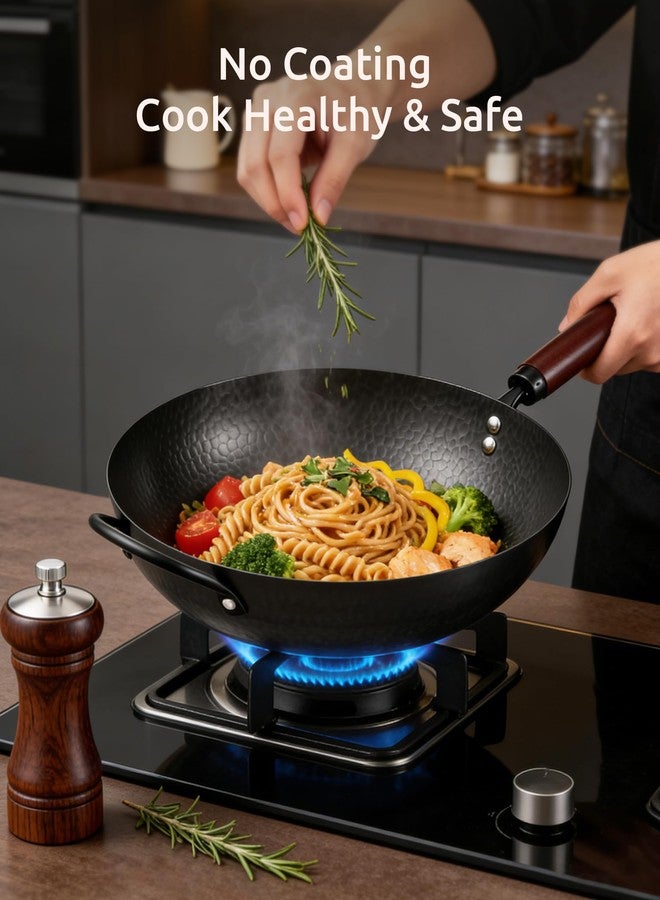 FGJ Wok Pan, Carbon Steel Wok, Woks & Stir-Fry Pans Nonstick, 13 Inch Wok Pan with Wooden Lid, Pre-Seasoned Carbon Steel Cookware, 5.8QT Flat Bottom Chinese Wok Paella Pan, Compatible with All Cooktops - Image 2