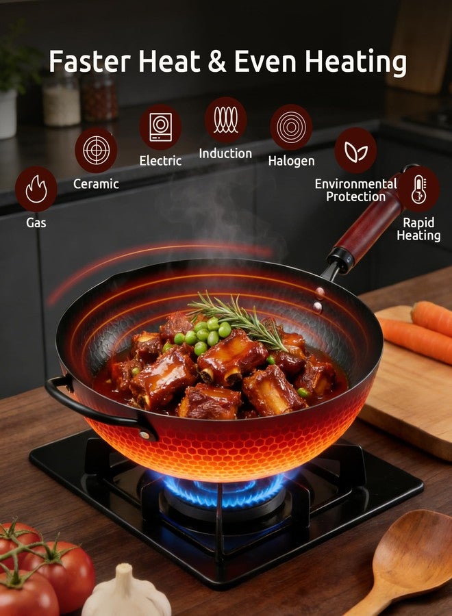 FGJ Wok Pan, Carbon Steel Wok, Woks & Stir-Fry Pans Nonstick, 13 Inch Wok Pan with Wooden Lid, Pre-Seasoned Carbon Steel Cookware, 5.8QT Flat Bottom Chinese Wok Paella Pan, Compatible with All Cooktops - Image 4