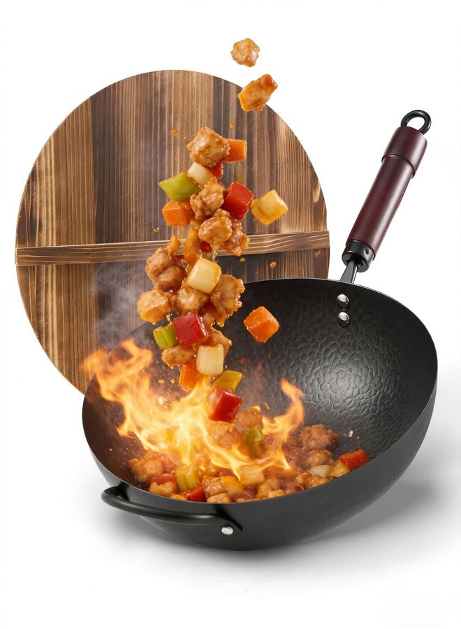 FGJ Wok Pan, Carbon Steel Wok, Woks & Stir-Fry Pans Nonstick, 13 Inch Wok Pan with Wooden Lid, Pre-Seasoned Carbon Steel Cookware, 5.8QT Flat Bottom Chinese Wok Paella Pan, Compatible with All Cooktops - Image 1