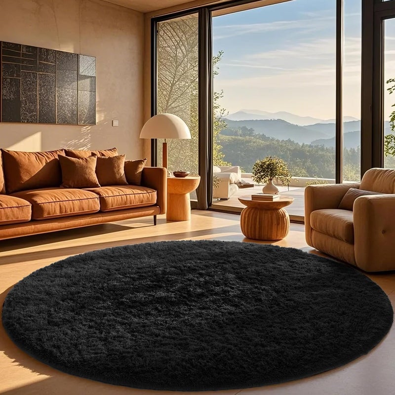 Ophanie Round Rug 8Ft Black Circle Area Rug, Room Decor for Men, Fluffy Fuzzy Bedroom Carpet, Plush Soft Shaggy Living Room Rugs for Kids Home Decor Aesthetic, Nursery - Image 1