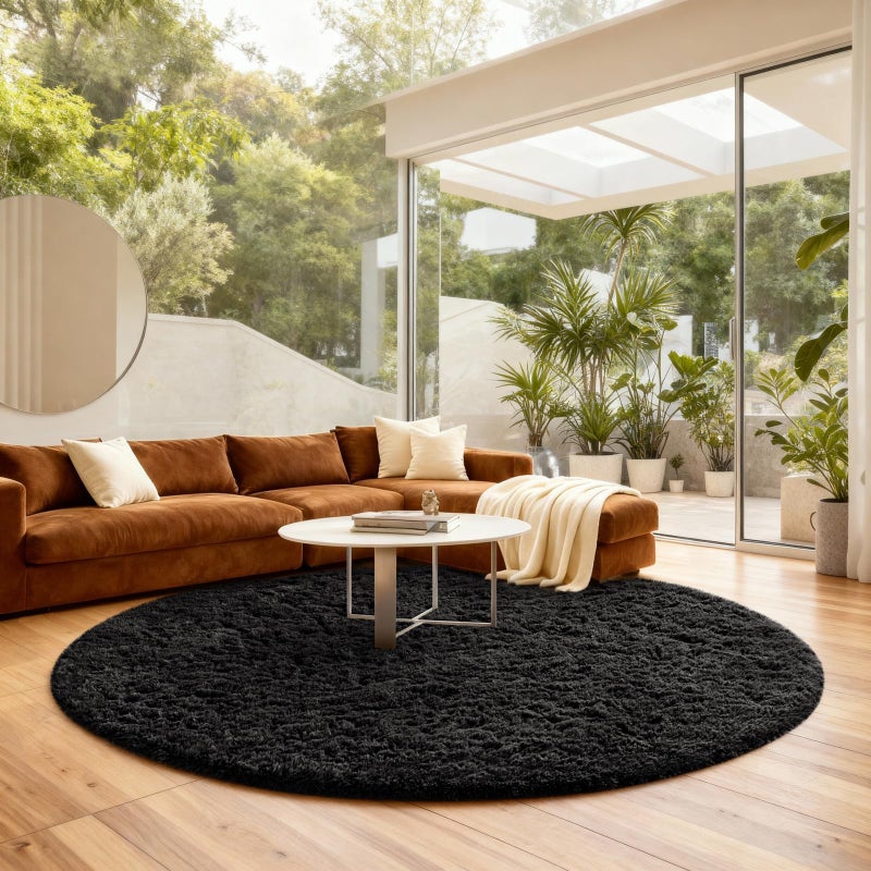 Ophanie Round Rug 8Ft Black Circle Area Rug, Room Decor for Men, Fluffy Fuzzy Bedroom Carpet, Plush Soft Shaggy Living Room Rugs for Kids Home Decor Aesthetic, Nursery - Image 3
