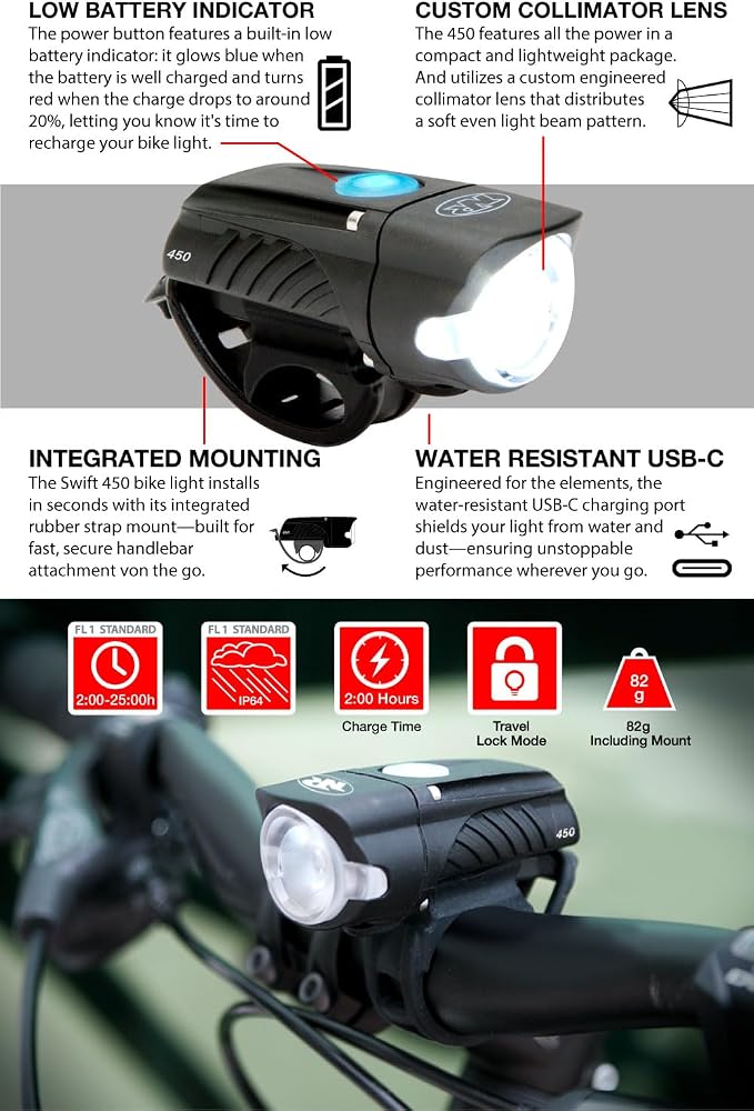 نايت رايدر مصباح أمامي للدراجات من نوع NightRider Swift 450 لومين، قابل لإعادة الشحن، بخمسة أوضاع إضاءة، مقاوم للماء (معيار IP64)، خفيف الوزن وسهل التركيب، يضمن سلامة راكب الدراجة أثناء القيادة. - Image 5