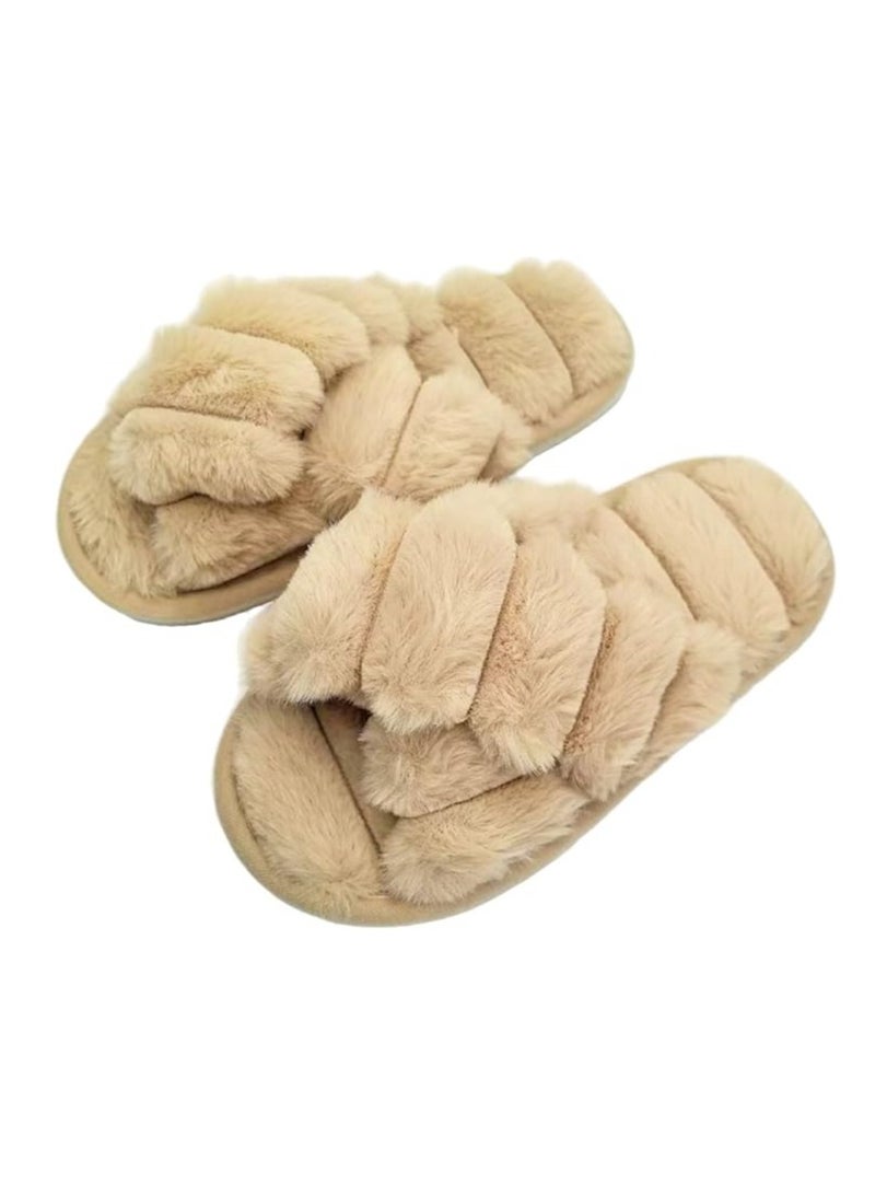 UKR UKR Women’s Home Slippers Soft Breathable Furry Open-Toe Cozy Indoor Footwear Stylish Fluffy EVA Sole (Beige, EU Footwear Size System, Adult, Women, Numeric Range, Medium, 38, 39)  - Image 1