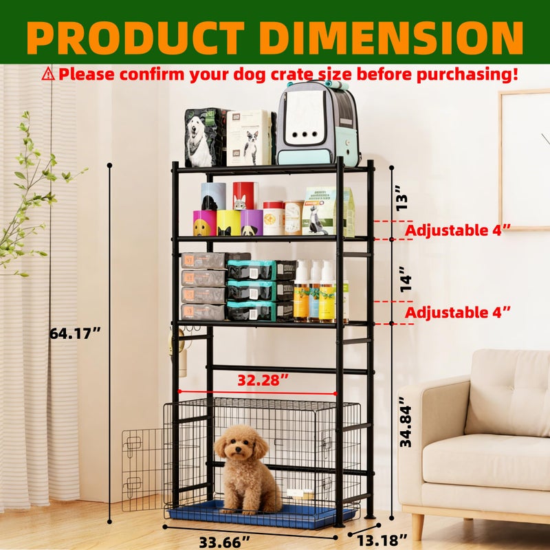 GloTika Over The Dog Crate Storage Shelf, 3-Tier Metal Dog Crate Furniture Stand for Most Breed Sizes, Freestanding Above The Cat Litter Box Shelves, Pet Supplies Organizer with Adjustable Feet, Black - Image 2