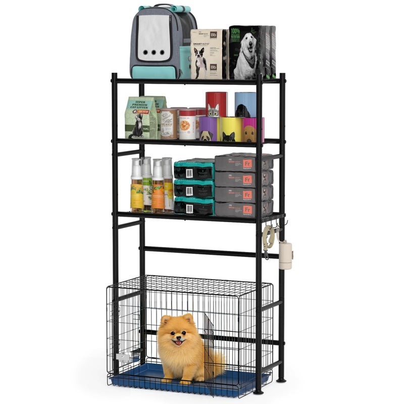GloTika Over The Dog Crate Storage Shelf, 3-Tier Metal Dog Crate Furniture Stand for Most Breed Sizes, Freestanding Above The Cat Litter Box Shelves, Pet Supplies Organizer with Adjustable Feet, Black - Image 1