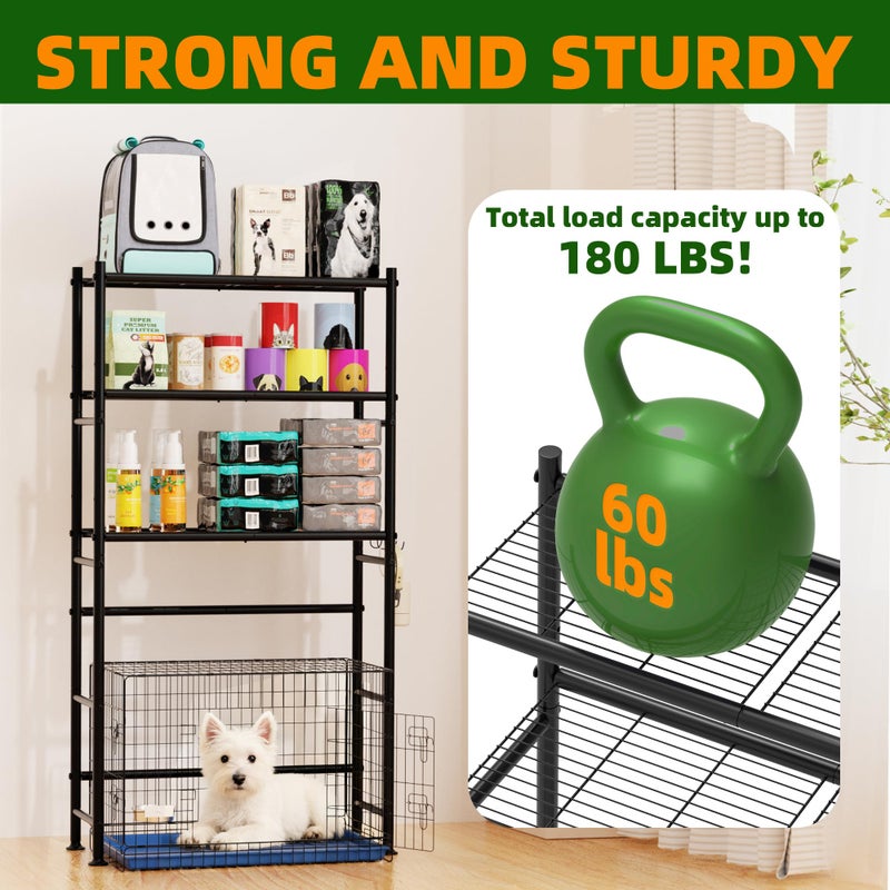 GloTika Over The Dog Crate Storage Shelf, 3-Tier Metal Dog Crate Furniture Stand for Most Breed Sizes, Freestanding Above The Cat Litter Box Shelves, Pet Supplies Organizer with Adjustable Feet, Black - Image 3