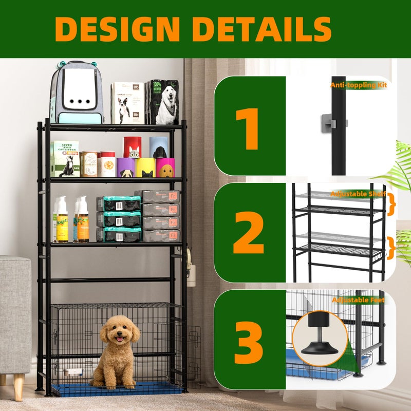 GloTika Over The Dog Crate Storage Shelf, 3-Tier Metal Dog Crate Furniture Stand for Most Breed Sizes, Freestanding Above The Cat Litter Box Shelves, Pet Supplies Organizer with Adjustable Feet, Black - Image 5