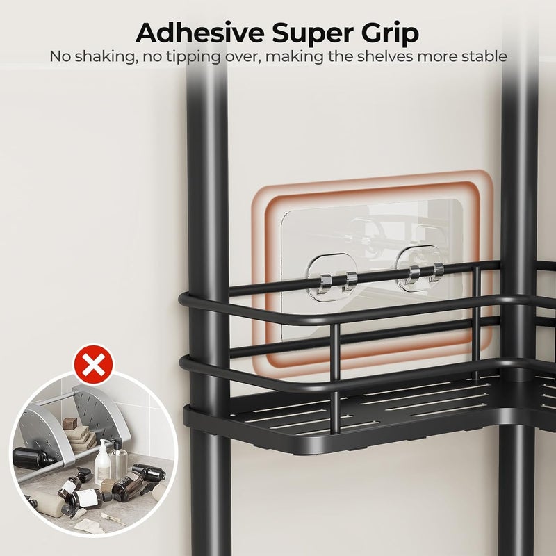 Orimade Rustproof 3 Tier Floor Standing Corner Shower Caddy Organizer with Toothbrush Holder, Large Spacing Floor Shower Shelf Rack Storage Stands with Hooks for Bathroom Kitchen, Black - Image 5