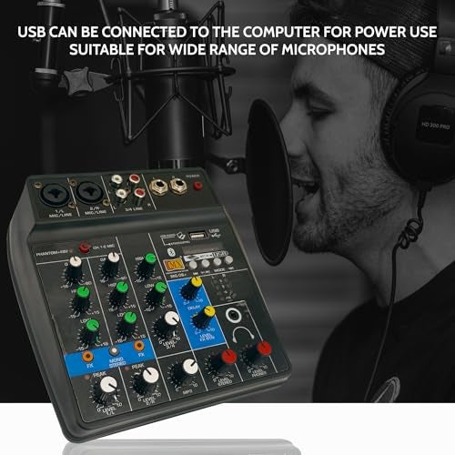 MX 4 قناة خلاط صوتي مع USB بلوتوث، وحدة خلط DJ مع طاقة فانتوم 48V، عناصر تحكم EQ، مخرج سماعة، بطاقة صوت لتسجيل البودكاست، البث المباشر، الكاريوكي، استوديو منزلي للكمبيوتر المحمول - Image 5