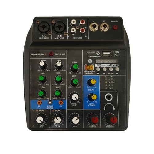 MX 4 قناة خلاط صوتي مع USB بلوتوث، وحدة خلط DJ مع طاقة فانتوم 48V، عناصر تحكم EQ، مخرج سماعة، بطاقة صوت لتسجيل البودكاست، البث المباشر، الكاريوكي، استوديو منزلي للكمبيوتر المحمول - Image 1