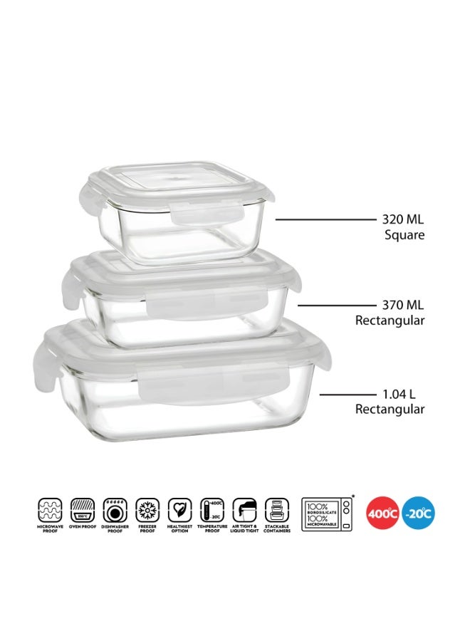 بوروسيل Borosil طقم علب طعام زجاجية بأشكال متنوعة - 3 قطع (320 مل + 370 مل + 1.04 لتر) - أغطية زرقاء - 12Dspl12 - Image 2