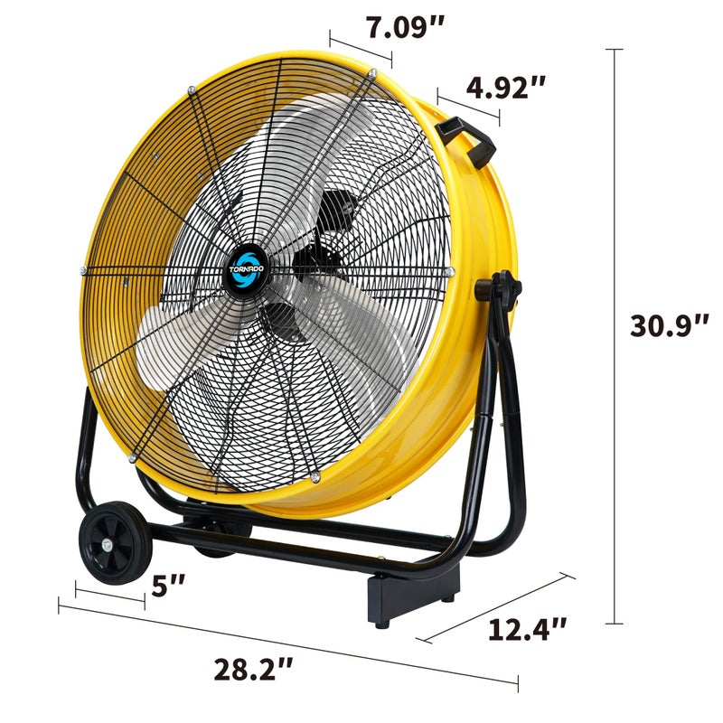 Tornado - 24 Inch High Velocity Heavy Duty Tilt Metal Drum Fan Yellow Commercial, Industrial Use 3 Speed 7700 CFM 1/3 HP 8 FT Cord ETL Safety Listed (YELLOW) - Image 2