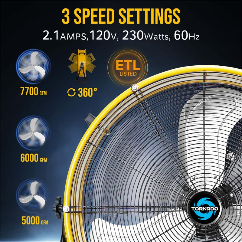 Tornado - 24 Inch High Velocity Heavy Duty Tilt Metal Drum Fan Yellow Commercial, Industrial Use 3 Speed 7700 CFM 1/3 HP 8 FT Cord ETL Safety Listed (YELLOW) - Image 3
