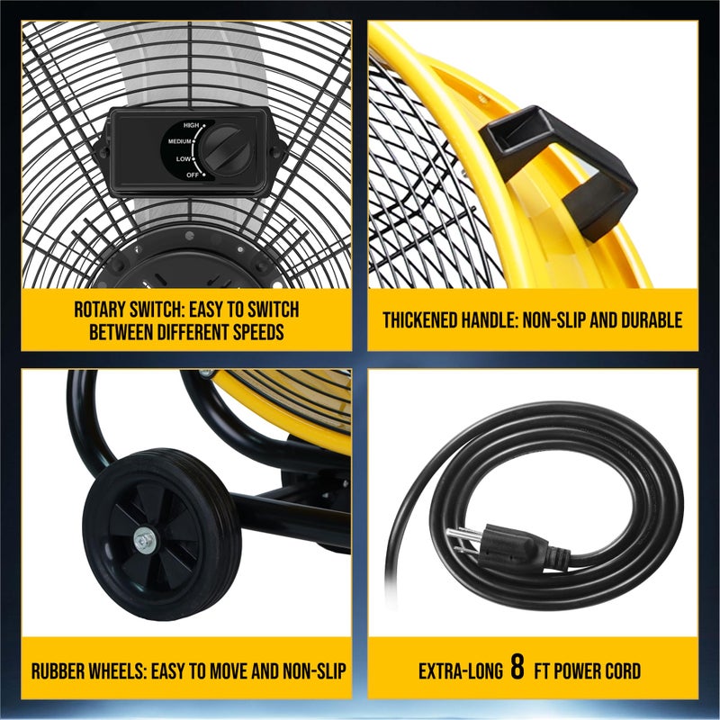 Tornado - 24 Inch High Velocity Heavy Duty Tilt Metal Drum Fan Yellow Commercial, Industrial Use 3 Speed 7700 CFM 1/3 HP 8 FT Cord ETL Safety Listed (YELLOW) - Image 5