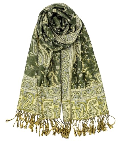 Achillea Soft Silky Reversible Paisley Pashmina Shawl Wrap Scarf w/Fringes (Dark Olive) - Image 1