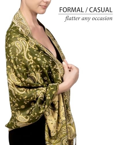Achillea Soft Silky Reversible Paisley Pashmina Shawl Wrap Scarf w/Fringes (Dark Olive) - Image 4