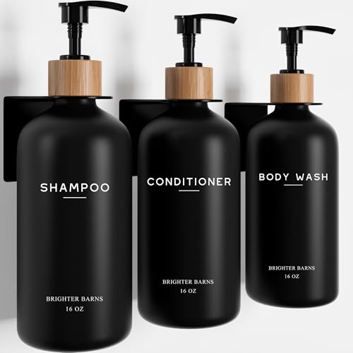 Brighter Barns Black Shampoo and Conditioner Dispenser Set Wall Mounted by Brighter Barns - Shampoo Dispenser for Shower Wall 3 Chamber No Drill - Shower Bottles Refillable with Labels for Bathroom, Airbnb (Black) - Image 1