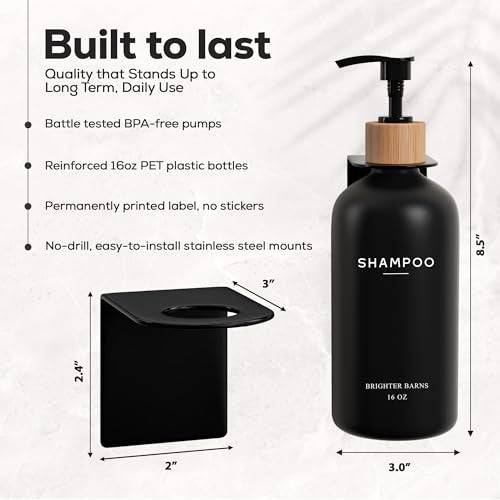 Brighter Barns Black Shampoo and Conditioner Dispenser Set Wall Mounted by Brighter Barns - Shampoo Dispenser for Shower Wall 3 Chamber No Drill - Shower Bottles Refillable with Labels for Bathroom, Airbnb (Black) - Image 3