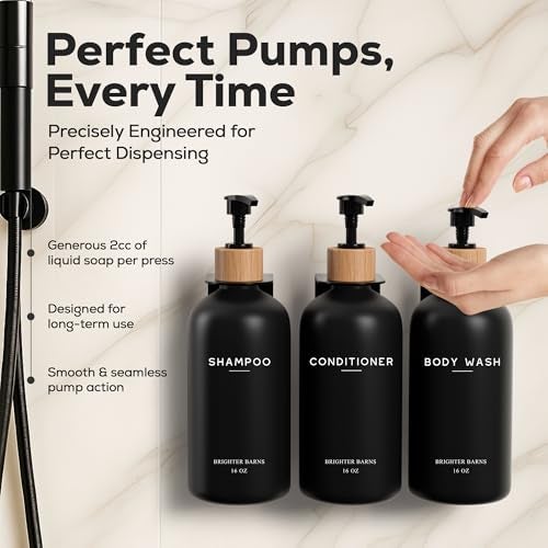 Brighter Barns Black Shampoo and Conditioner Dispenser Set Wall Mounted by Brighter Barns - Shampoo Dispenser for Shower Wall 3 Chamber No Drill - Shower Bottles Refillable with Labels for Bathroom, Airbnb (Black) - Image 4