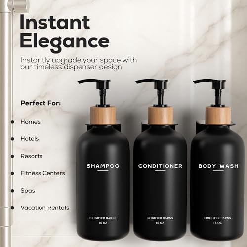 Brighter Barns Black Shampoo and Conditioner Dispenser Set Wall Mounted by Brighter Barns - Shampoo Dispenser for Shower Wall 3 Chamber No Drill - Shower Bottles Refillable with Labels for Bathroom, Airbnb (Black) - Image 2