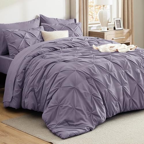 Bedsure Full Comforter Set Grayish Purple Bed in a Bag Full Size Bedding Set 7 Pieces GentleSoft Pintuck Bed Set Gift for Family Pinch Pleat All Season Comforter with Sheets Pillowcases Shams