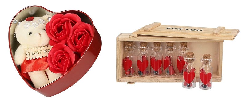 Webelkart Artificial Premium Combo of Love Teddy Bear Heart Shaped Box and 7 Message Bottle Box Multicolour - Image 1