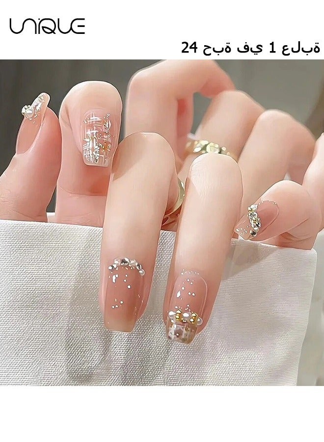Unique 24Pcs Fake Nails, Press Nails, Short Ballet Nails - Pearl Manicure - Shiny Manicure - Fake Nail Patch - Image 1