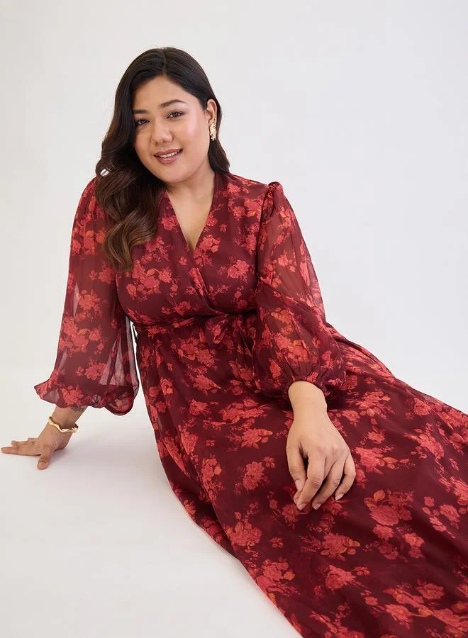 Femmella  Plus Size Maroon Floral Print Wrap Maxi Dress for Women | Best Price UAE