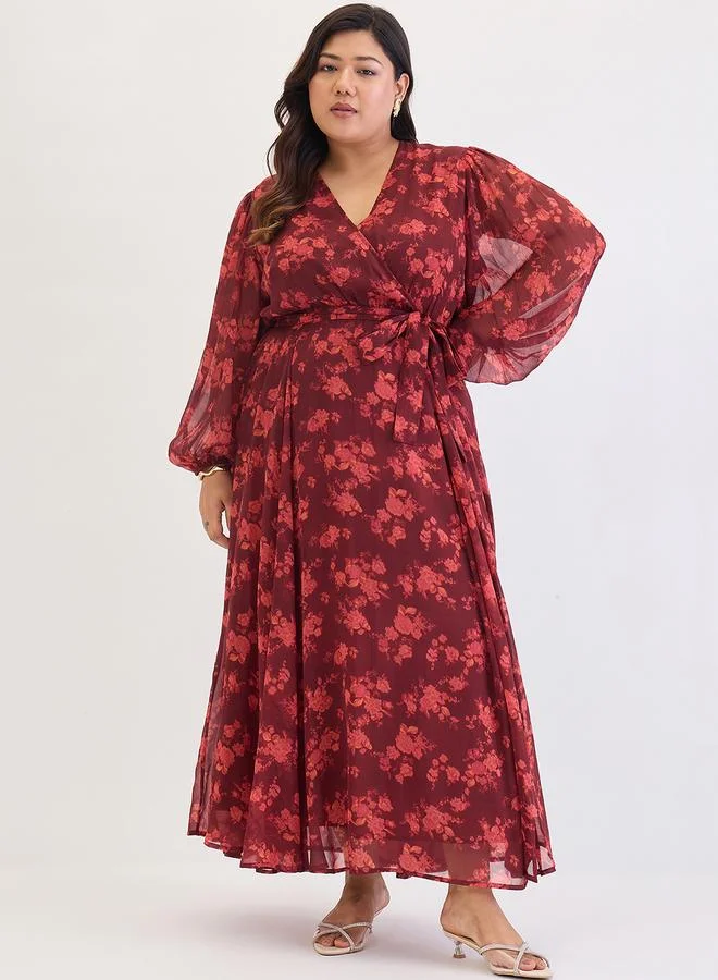 Femmella Plus Size Maroon Floral Print Wrap Maxi Dress