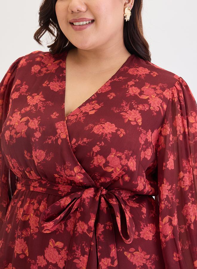 Femmella Plus Size Maroon Floral Print Wrap Maxi Dress - Image 5