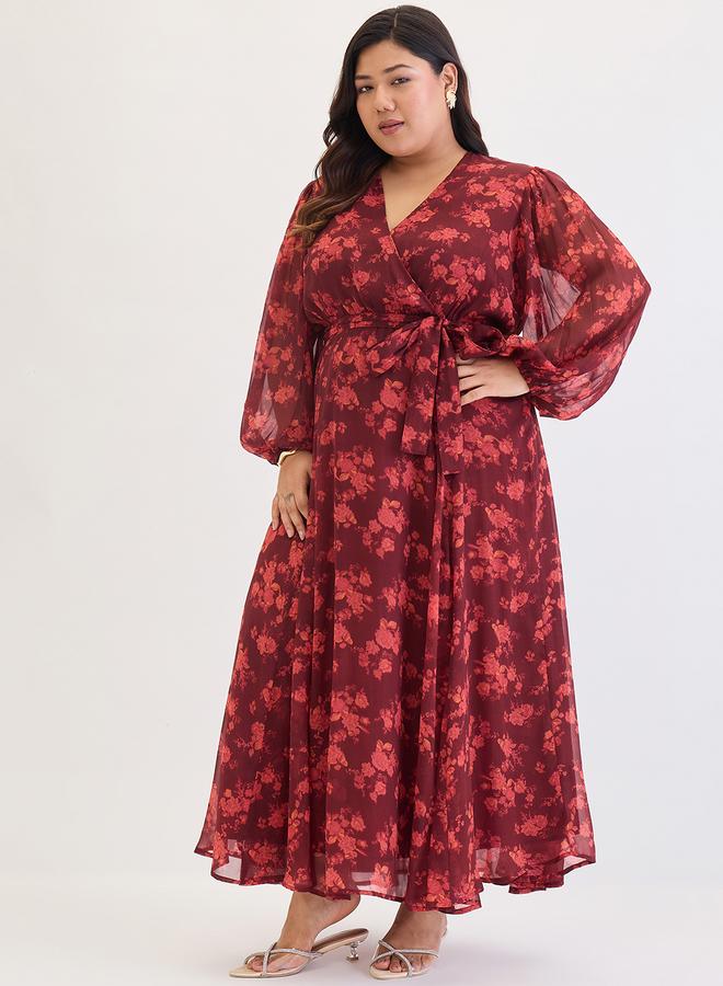 Femmella Plus Size Maroon Floral Print Wrap Maxi Dress - Image 2
