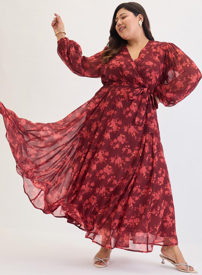 Femmella Plus Size Maroon Floral Print Wrap Maxi Dress - Image 4