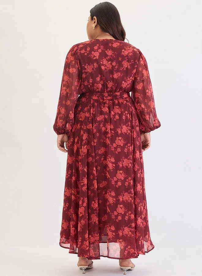 Femmella  Plus Size Maroon Floral Print Wrap Maxi Dress for Women | Best Price UAE
